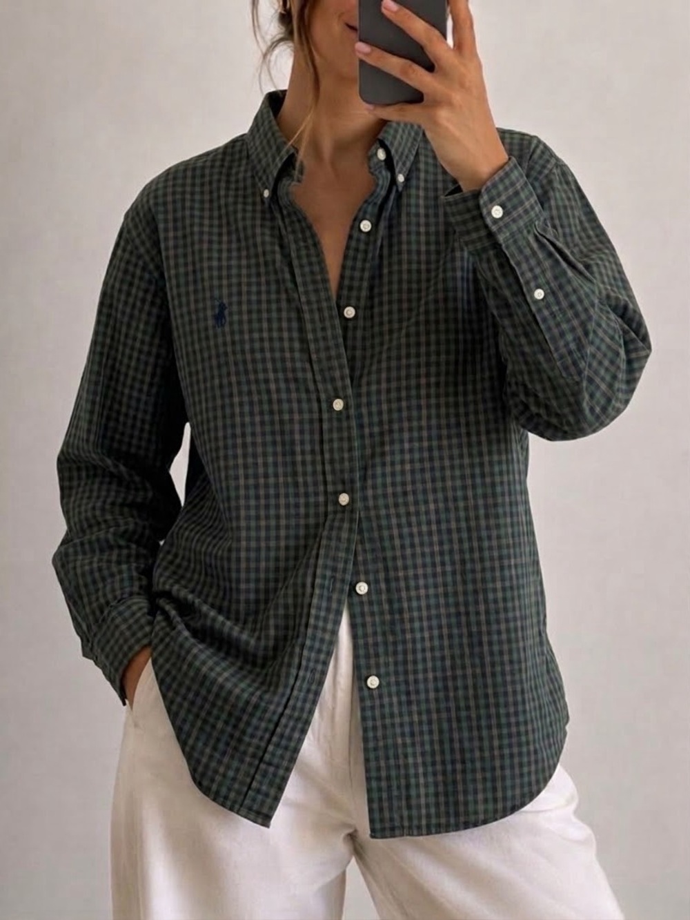 Ralph Lauren Plaid Oversized Button Down Shirt Size Large XL Women’s Green Blue